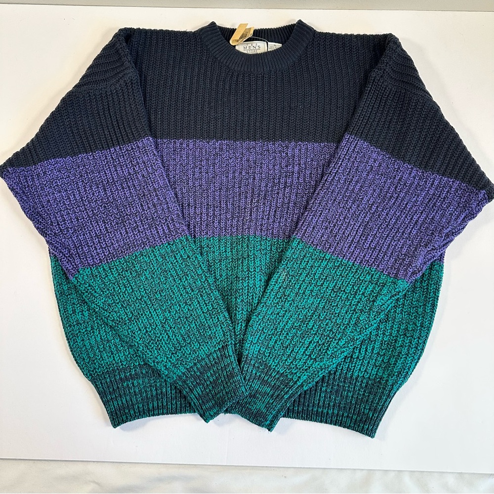 NWT Vintage Colorblock Sweater XL Black Purple Teal Preppy Grandpa Retro Chunky